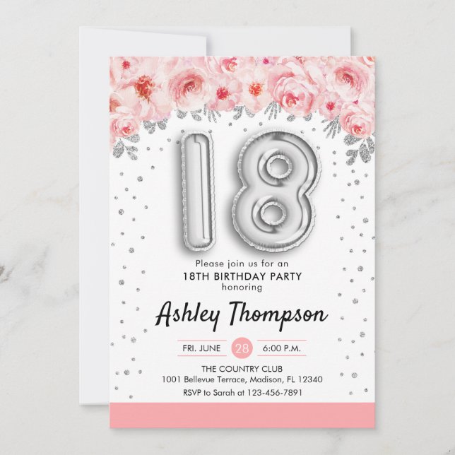 Invitación 18.º cumpleaños - Globos plateados (Anverso)