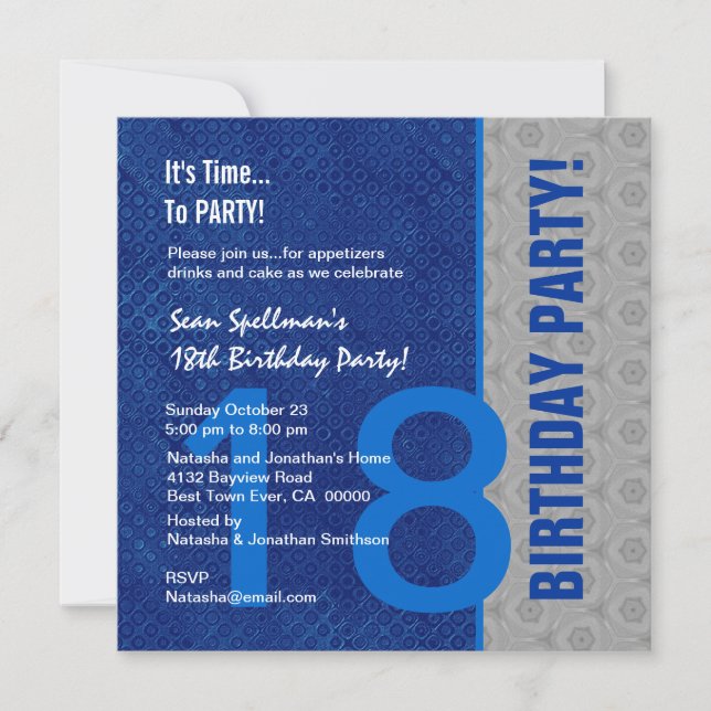 Invitación 18.º cumpleaños Moderno azul y plata S306 (Anverso)