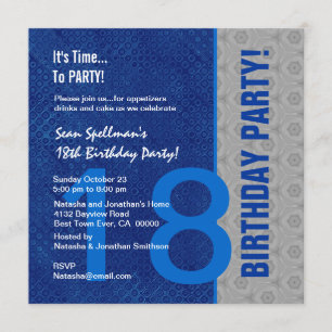 Invitación 18.º cumpleaños Moderno azul y plata S306