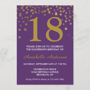 Invitación 18.º cumpleaños Morado Oro Confetti Punto Moda mod
