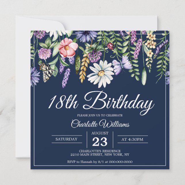 Invitación 18.º cumpleaños Navy Flores salvajes Elegante azul (Anverso)