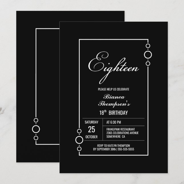 Invitación 18.º cumpleaños negro con Fiesta de marco blanco (Anverso / Reverso)