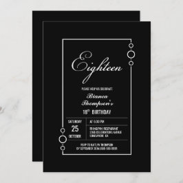 Invitación 18.º cumpleaños negro con Fiesta de marco blanco