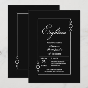 Invitación 18.º cumpleaños negro con Fiesta de marco blanco