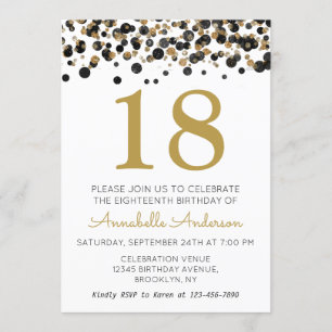 Invitación 18.º cumpleaños Purpurina de oro negro Sparkle Con