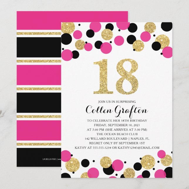 Invitación 18.º cumpleaños Purpurina de oro negro y rosado (Anverso / Reverso)
