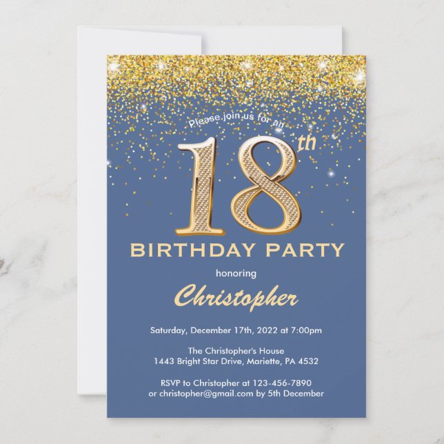 Invitación 18.º cumpleaños Purpurina de oro y azul Confetti (Anverso)