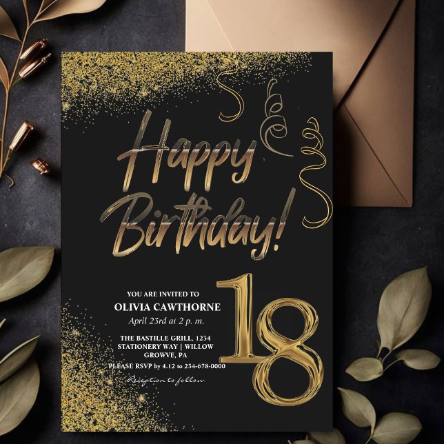 Invitación 18.º cumpleaños Purpurina de oro y negro moderno (Subido por el creador)