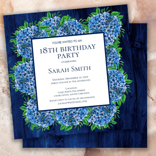 Invitación 18.º cumpleaños Rustic Wood Blue Hydrangeas Fiesta (Subido por el creador)