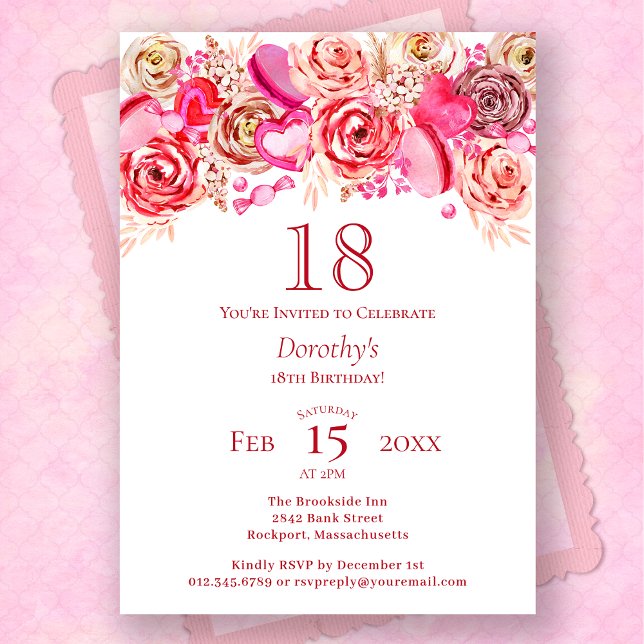 Invitación 18.º cumpleaños Valentine Pink Rose Swirly Heart (Subido por el creador)