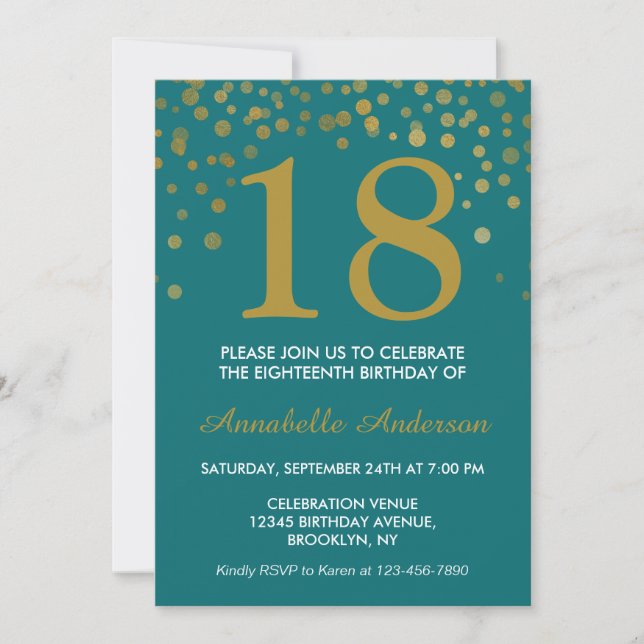 Invitación 18.º cumpleaños Verde azulado Confetti de oro dot  (Anverso)