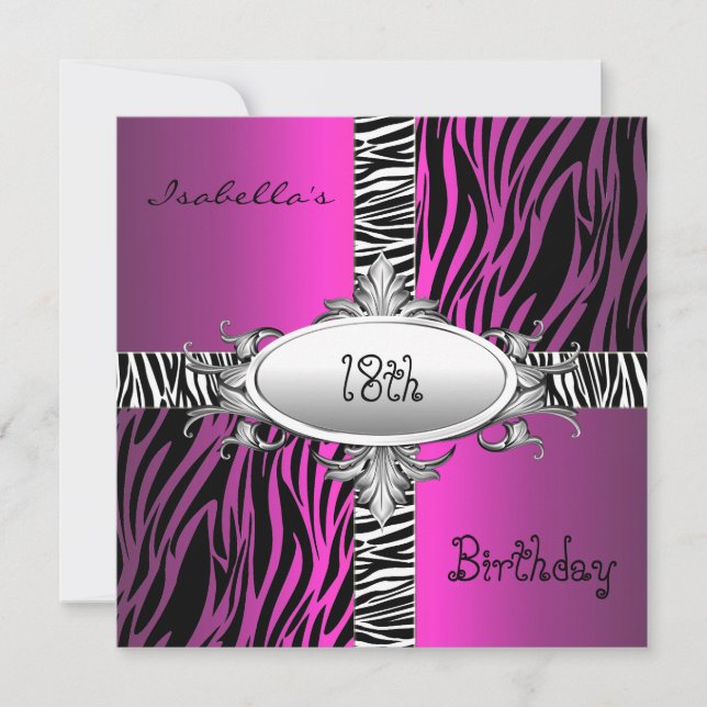 Invitación 18.º cumpleaños Zebra Wild Pink Animal Black (Anverso)