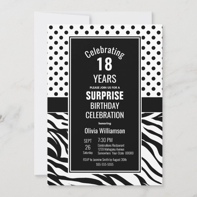 Invitación 18.º Fiesta de sorpresa en blanco y negro (Anverso)