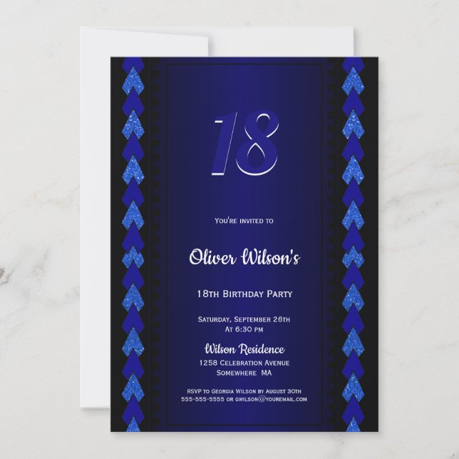 Invitación 18.º Fiesta negro y azul (Anverso)