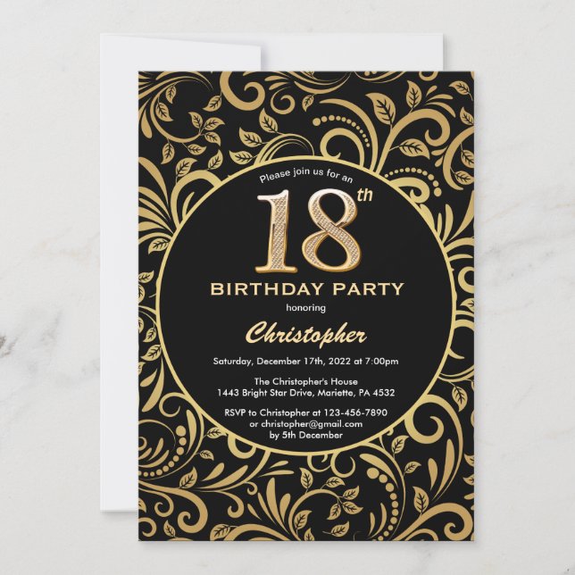 Invitación 18.º Nacimiento Patrón Floral Negro y Oro (Anverso)