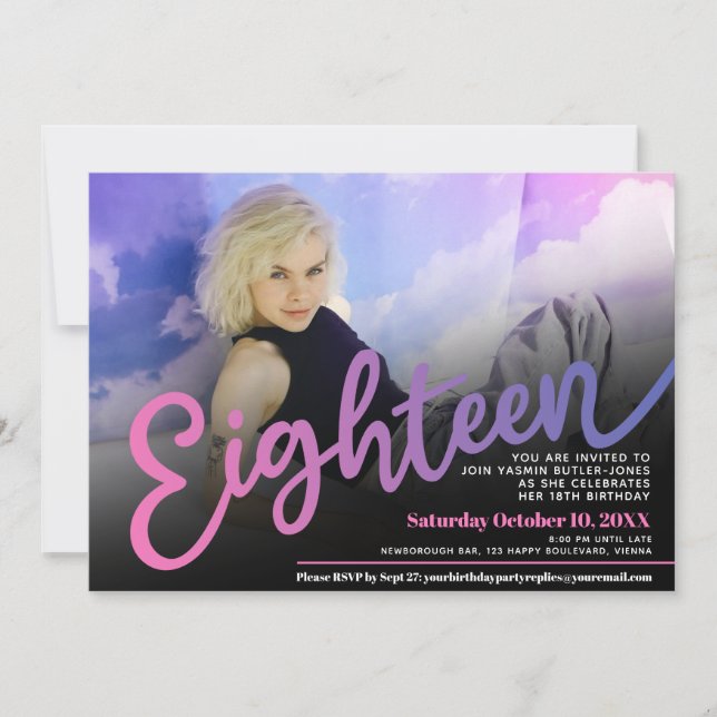 Invitación 18.º personalizado de cumpleaños foto rosa morado  (Anverso)