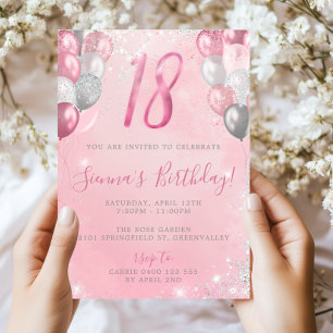 Invitación 18.º Purpurina Balón rosa y plata de cumpleaños