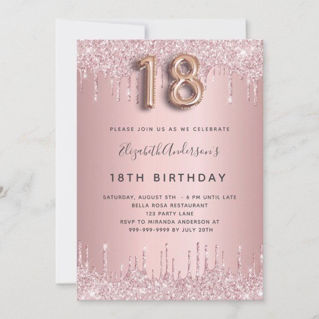 Invitación 18.º rosa de cumpleaños polvoriento rosa purpurina (Anverso)