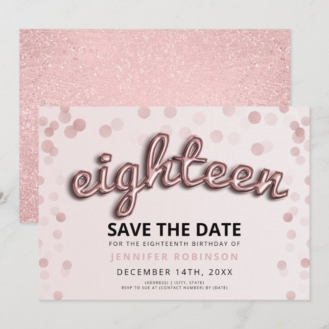 Invitación 18.º Rosa de cumpleaños Purpurina rosado Rubor Gol (Anverso / Reverso)