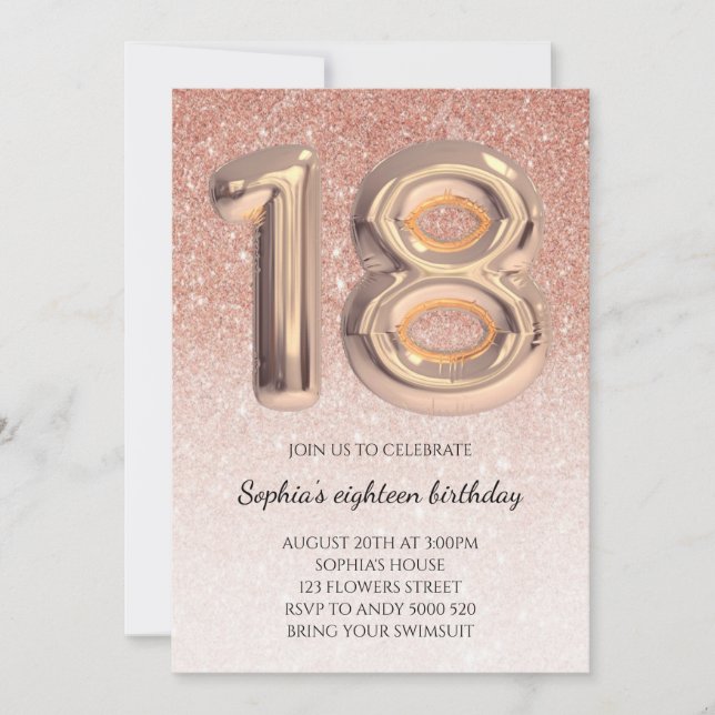 Invitación 18.º Rosa  Purpurina de oro Relieve metalizado ado (Anverso)