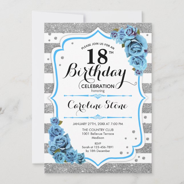 Invitación 18 Aniversario - Bandas blancas de plata azul (Anverso)