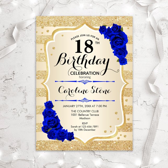 Invitación 18 Aniversario - Bandas de oro Rosas azules reales (Subido por el creador)