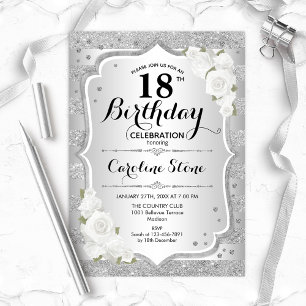 Invitación 18 Aniversario - Bandas Plateadas Rosas Blancas