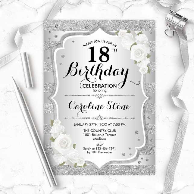 Invitación 18 Aniversario - Bandas Plateadas Rosas Blancas (Subido por el creador)