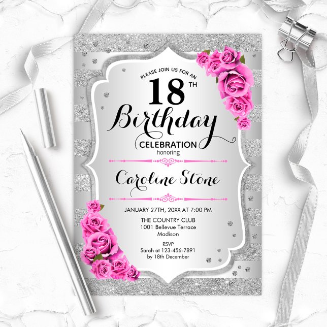 Invitación 18 Aniversario - Bandas Plateadas Rosas Rosa (Subido por el creador)