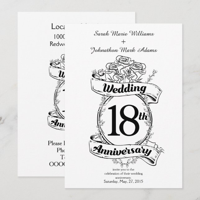Invitación 18° Aniversario Boda Rosas blancas y negras (Anverso / Reverso)