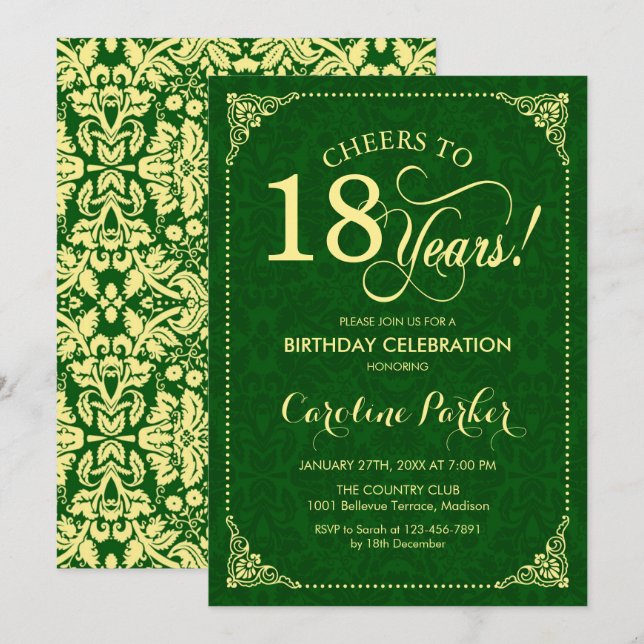 Invitación 18 Aniversario - Damasco verde de oro (Anverso / Reverso)