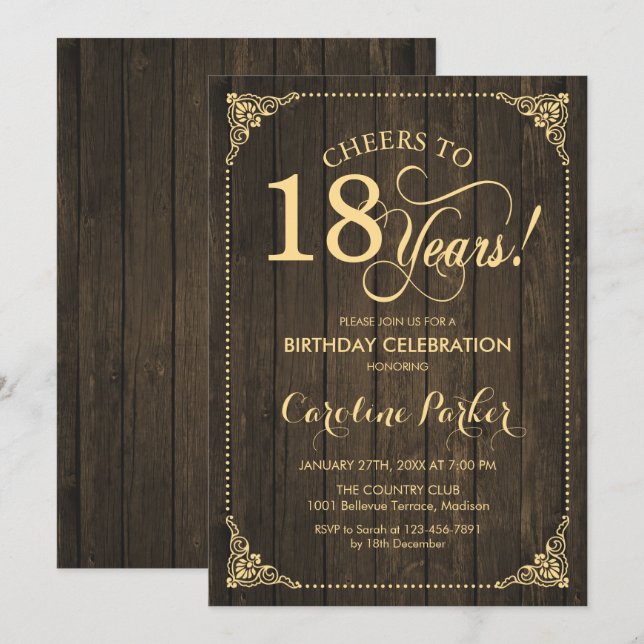 Invitación 18 Aniversario - Oro de Madera Rústica (Anverso / Reverso)