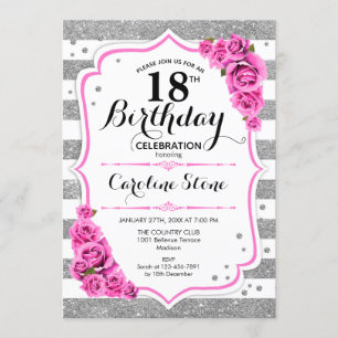 Invitación 18 Aniversario - Rayas rosadas de rayas blancas pl