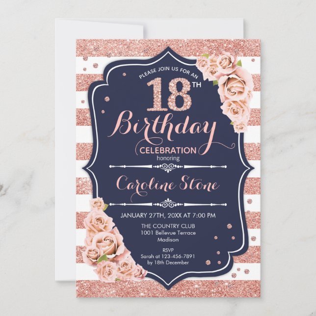 Invitación 18 Aniversario - Rosa de la Marina con franjas dor (Anverso)