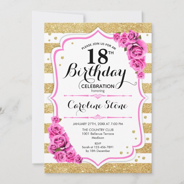 Invitación 18 Aniversario - Tiras blancas de oro Roses rosada (Anverso)