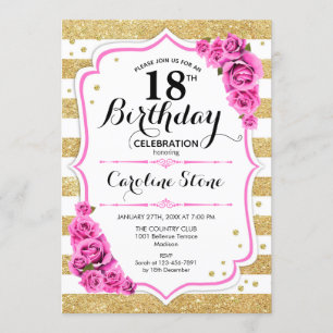 Invitación 18 Aniversario - Tiras blancas de oro Roses rosada