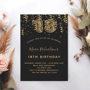 Invitación 18 años de negro dorado leopardo patrón confetti