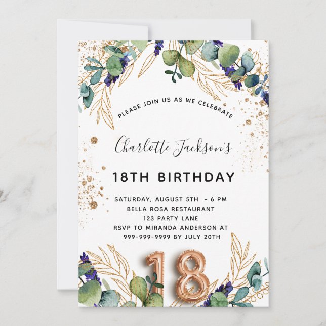 Invitación 18 años eucalipto verde purpurina elegante (Anverso)