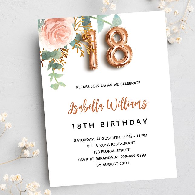 Invitación 18 años rosa floral oro eucalipto lujo (Subido por el creador)