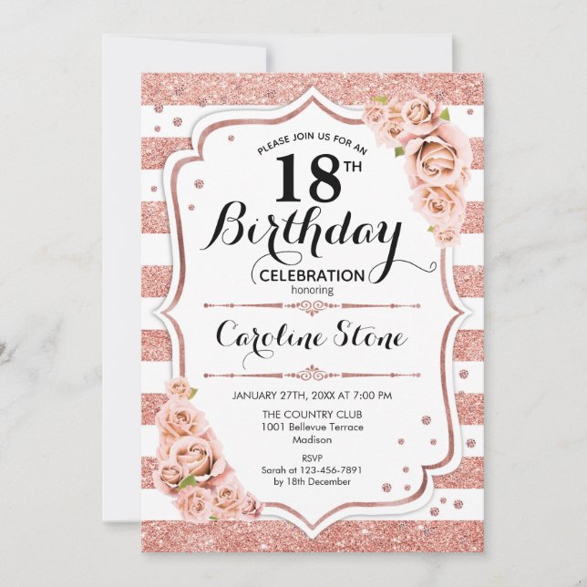 Invitación 18 cumpleaños - franjas blancas de oro Rosa (Anverso)