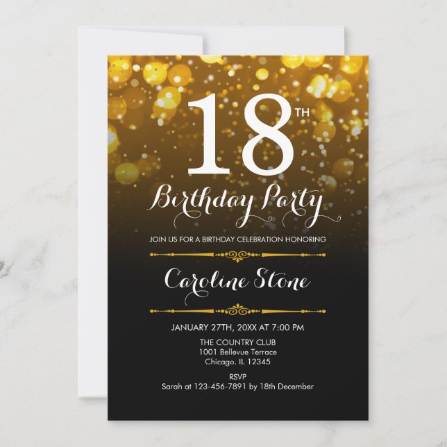 Invitación 18° cumpleaños - Oro blanco negro (Anverso)