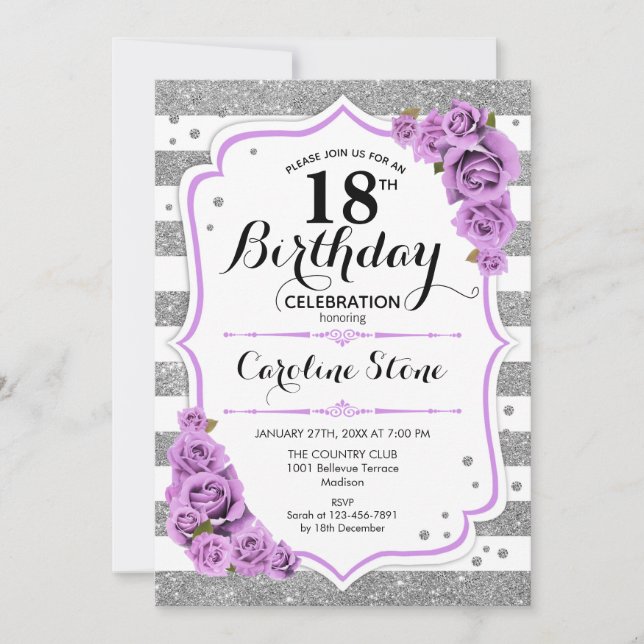 Invitación 18 cumpleaños - Rosas morados de rayas blancas pla (Anverso)