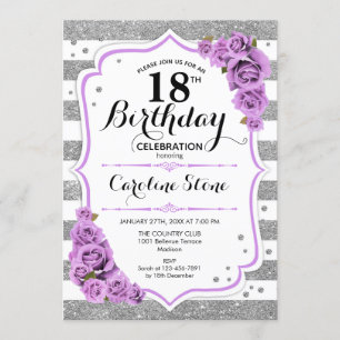 Invitación 18 cumpleaños - Rosas morados de rayas blancas pla