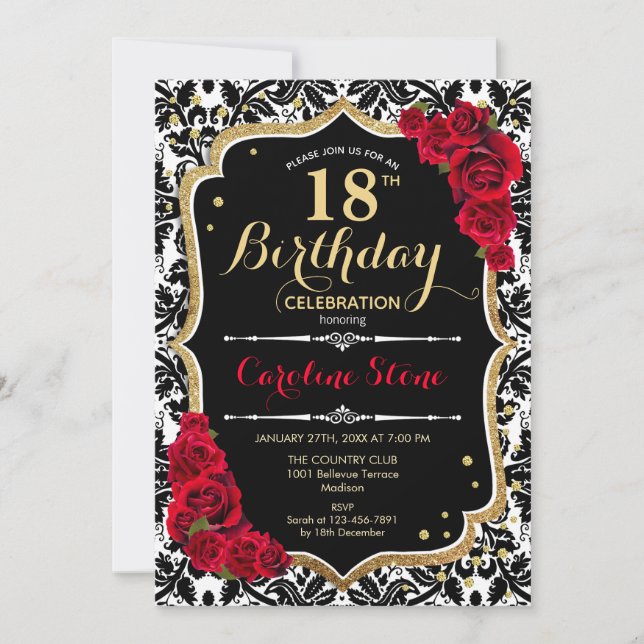 Invitación 18 cumpleaños - Rosas rojas de oro negro Damask (Anverso)