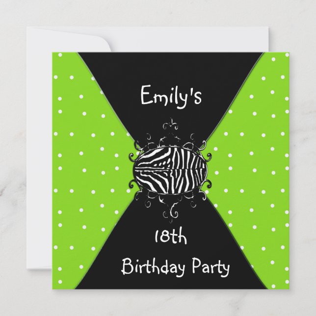 Invitación 18 cumpleaños verde lima negro blanco (Anverso)