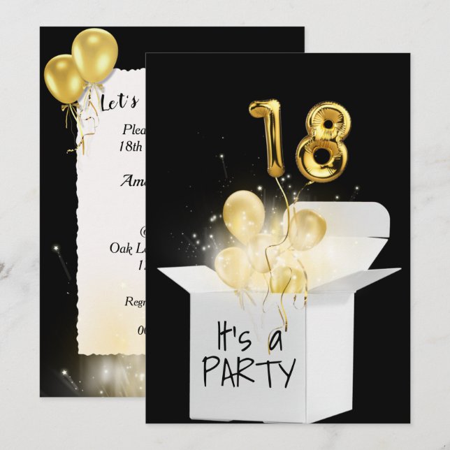 Invitación 18 Globos De Oro De Cumpleaños En Caja Blanca (Anverso / Reverso)