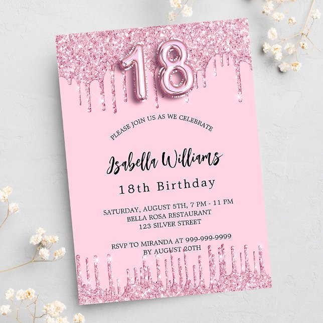 Invitación 18 purpurina rosa de cumpleaños gotea lujo (Subido por el creador)