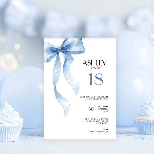 Invitación 18th Birthday Invitation Blue Bow for Girls (Blue bow coquette 18th birthday invitation for girls)