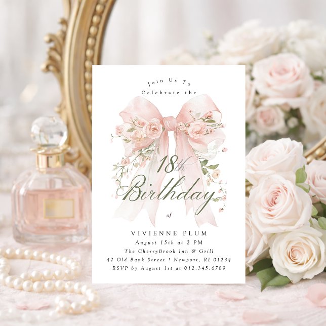 Invitación 18th Birthday Party Pink Coquette Bow Rose Floral (Subido por el creador)