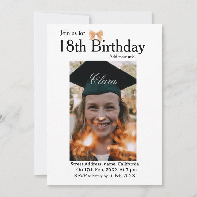 Invitación 18th birthday simple minimal bow white photo name (Anverso)